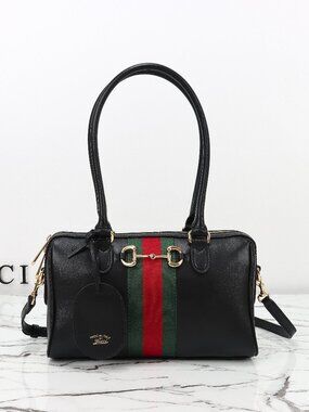 GUCCI Borsetto Boston Bag with Gold Hardware Leather Shoulder Bag